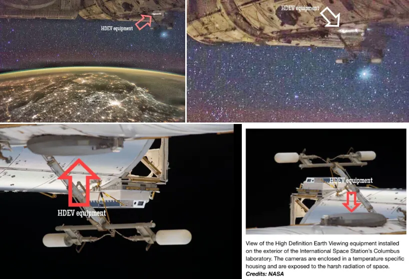 A parte branca brilhante no canto superior direito da imagem é o equipamento externo do ISS HDEV