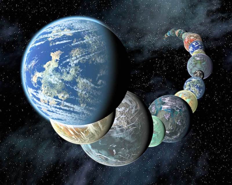 Earth-like origin of life: Curving line of many rocky planets with stars in background.