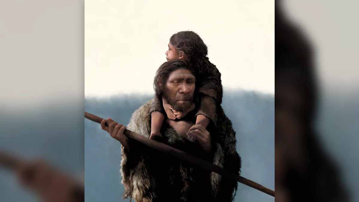 Uma filha da espécie neandertal sendo carregada por seu pai .Em uma caverna na Sibéria, cientistas descobriram os restos mortais de um pai e sua filha adolescente com outros ossos neandertais .