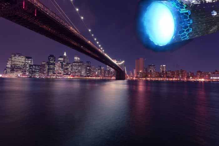 Uma representação de um OVNI sobre a ponte do Brooklyn