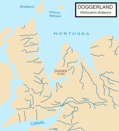 Mapa mostrando as dimensões hipotéticas de Doggerland (c. 8000 aC). Forneceu uma ponte terrestre entre a ilha da Grã-Bretanha e a Europa continental.