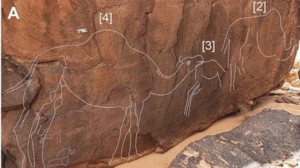 Camelos esculpidos em pedra encontrados na Arábia Saudita