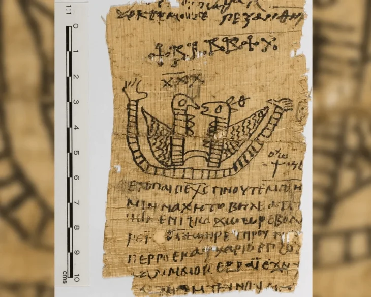 Este antigo papiro egípcio, agora na Universidade Macquarie, é decorado com uma imagem de duas criaturas semelhantes a pássaros. Um feitiço mágico escrito em copta, uma língua egípcia que usa o alfabeto grego, é visível ao redor da imagem.